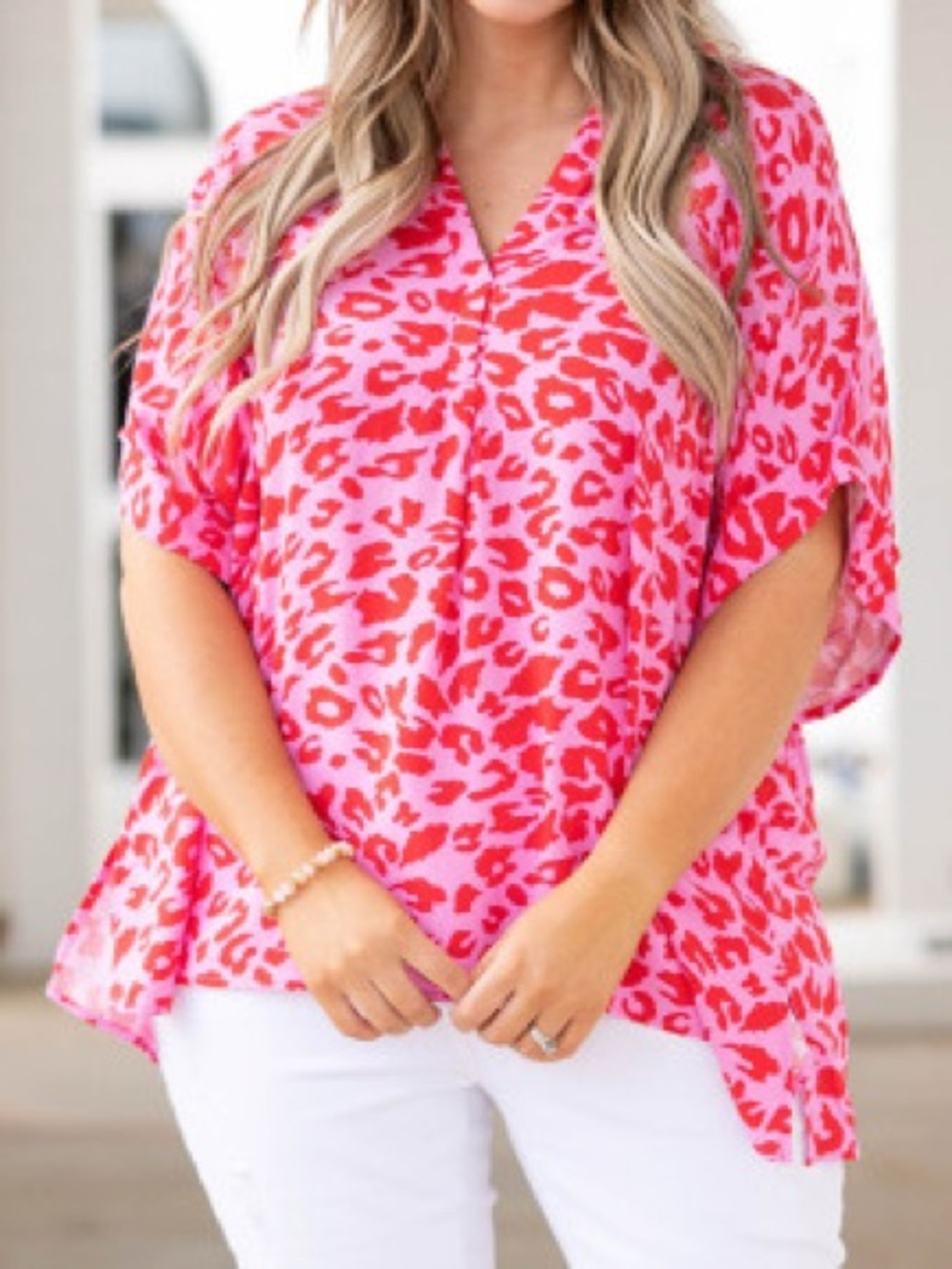 V-Neck Leopard Print Tunic in Bright Pink and Red